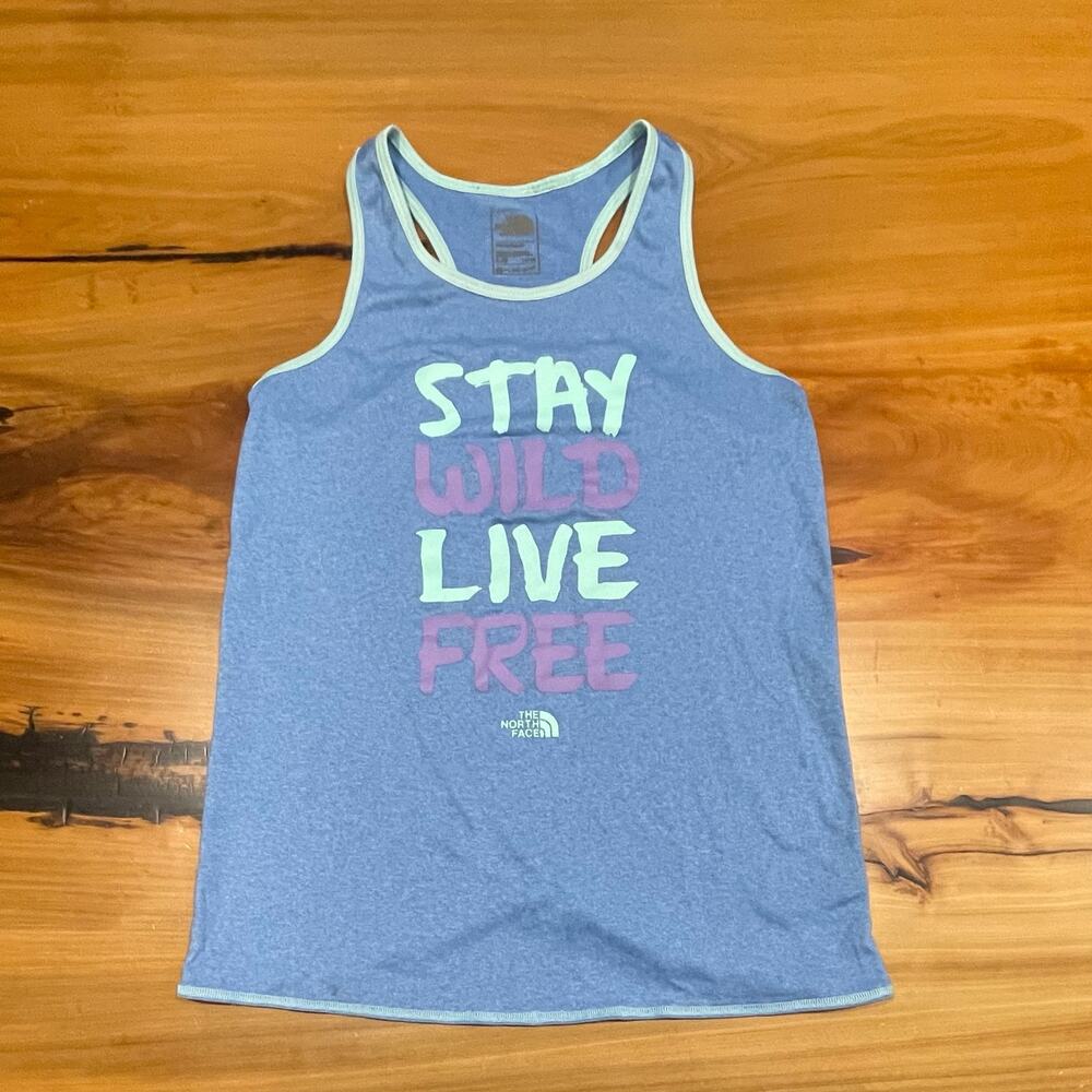 STAY WILD LOVE FREE The North Face blue tank top tech L Large 14 16 Racerback